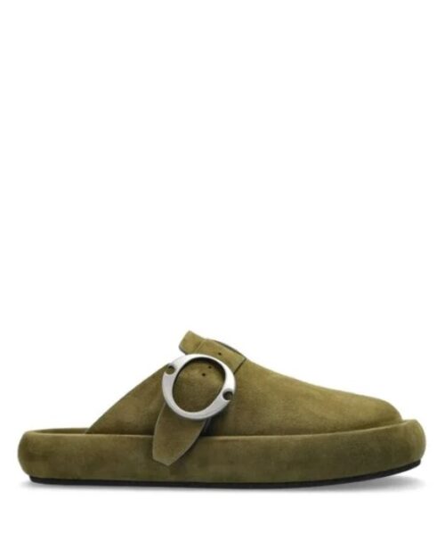 Green Suede Buckle Clogs
