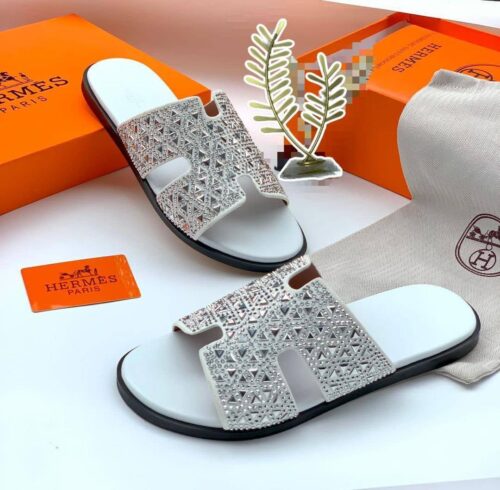 White Rhinestone Leather Slides