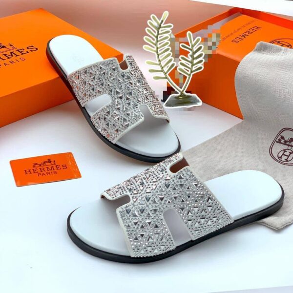 White Rhinestone Leather Slides