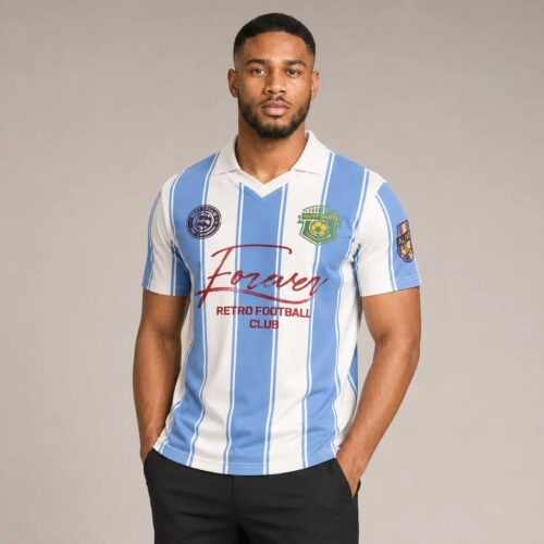 Forever Retro Striped Football Jersey Polo – Sky Blue & White