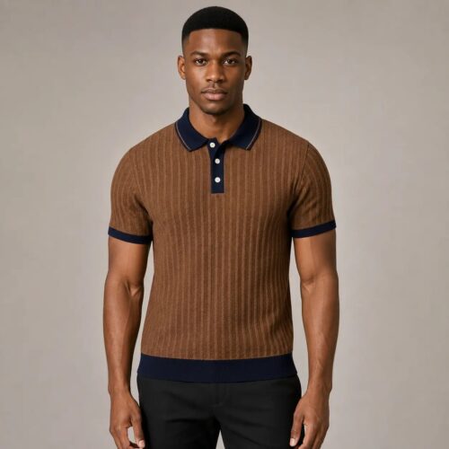 Heritage Ribbed Knit Polo – Brown & Navy