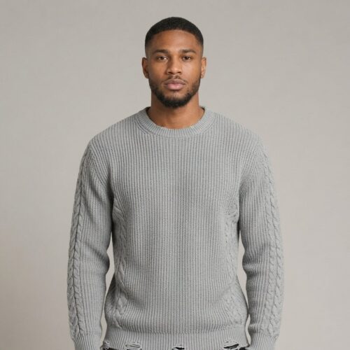 Men’s Light Grey Cable Knit Crewneck Sweater