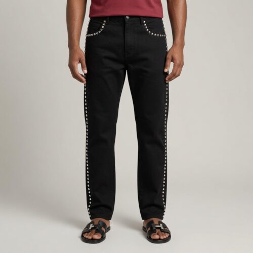 Men’s Black Studded Straight-Leg Jeans