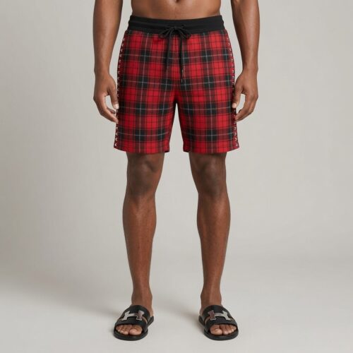 Punk Plaid Side-Trim Fleece Shorts – Crimson
