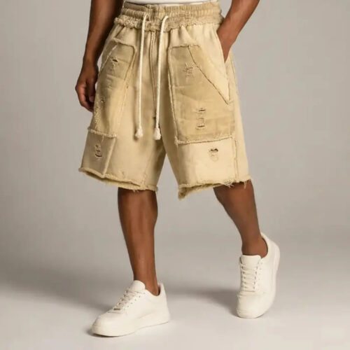 Distressed Patchwork Cargo Drawstring Shorts