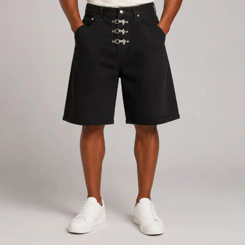 Metallic Buckle-Fly Black Denim Shorts