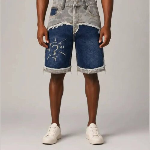 Graphic Patchwork Distressed Denim Jorts